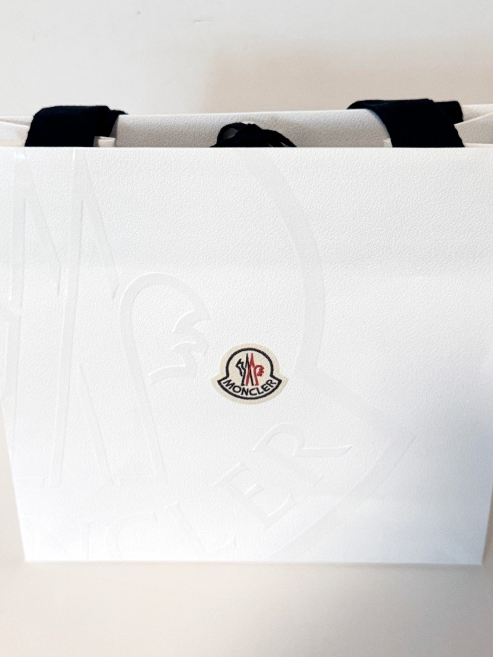 Moncler White Shopping Gift Bag Embossed Logo Black Handles 10” x 9.5” x 5.5”